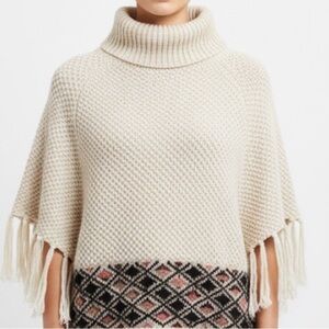 Chelsea and Violet Wool Poncho Short Sleeve Sweater with Fringe detail L
